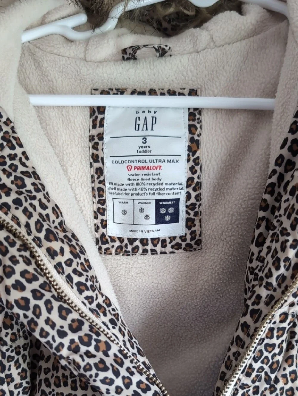 GAP Leopard Print Puffer Coat with Faux Fur Hood - Beige & Black